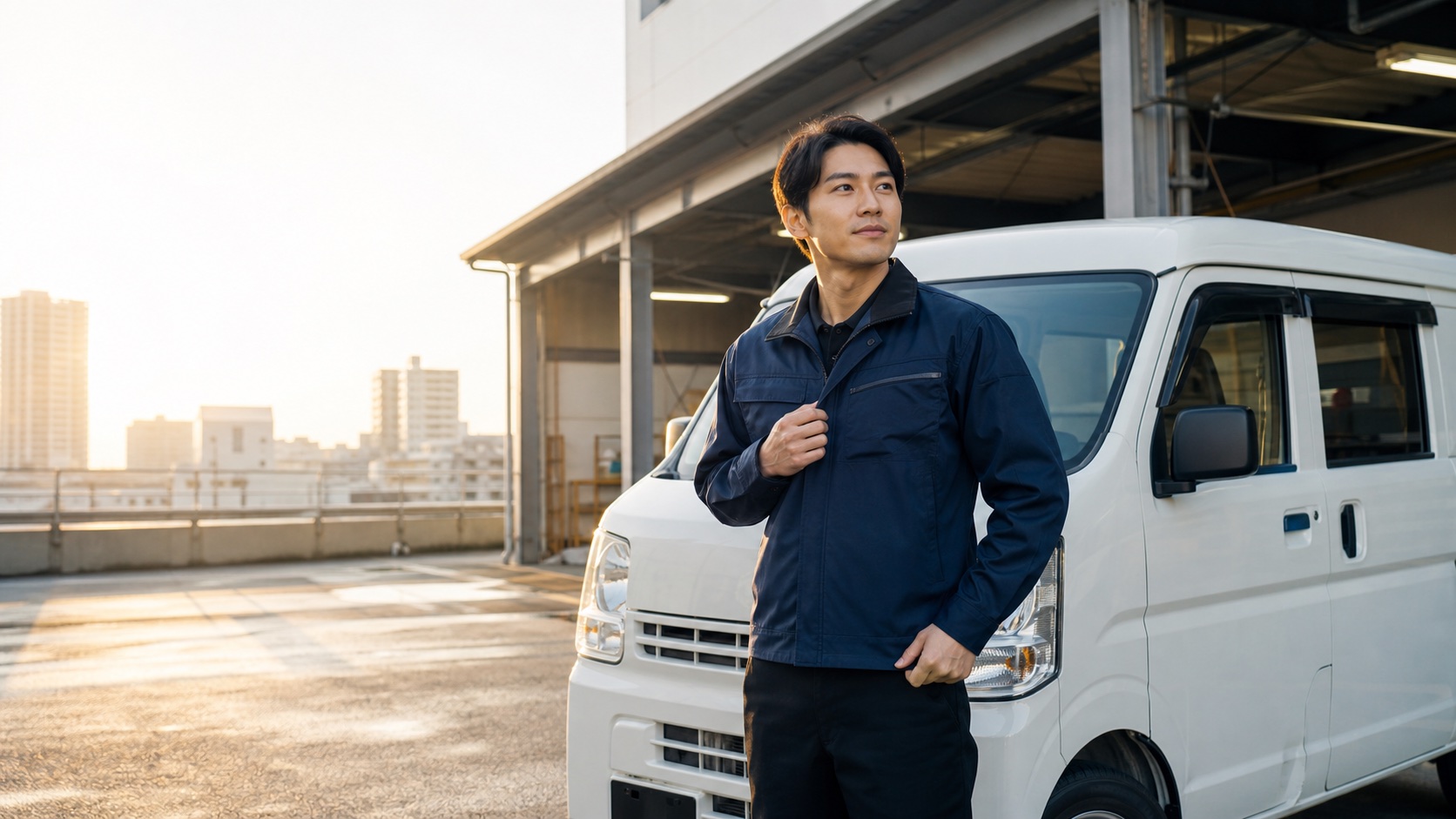 軽貨物車両の前に立つ配送ドライバー