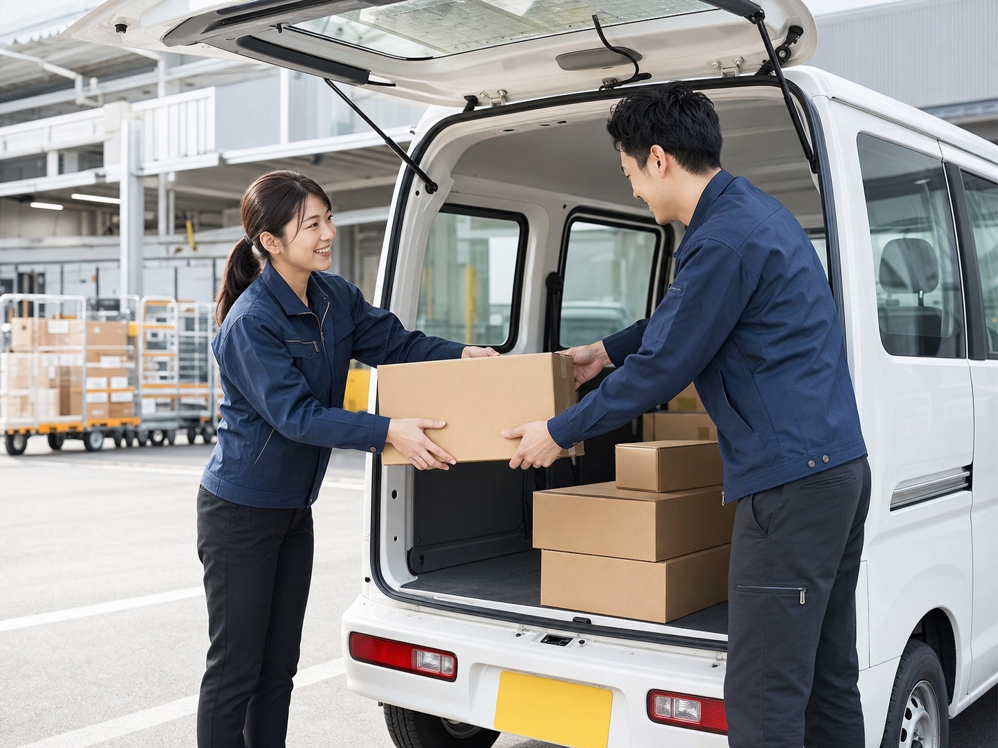 軽貨物車両へ荷物を積み込むドライバーチーム