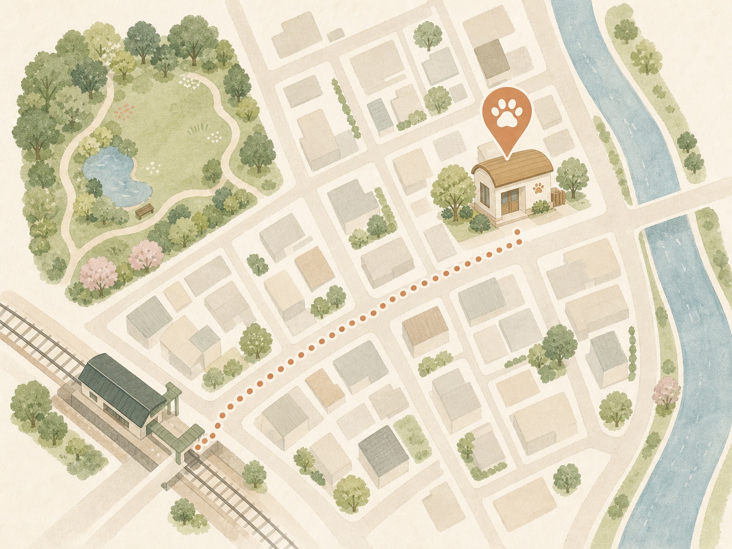 ひなた駅からひだまり動物病院までの徒歩ルートを描いた周辺案内図