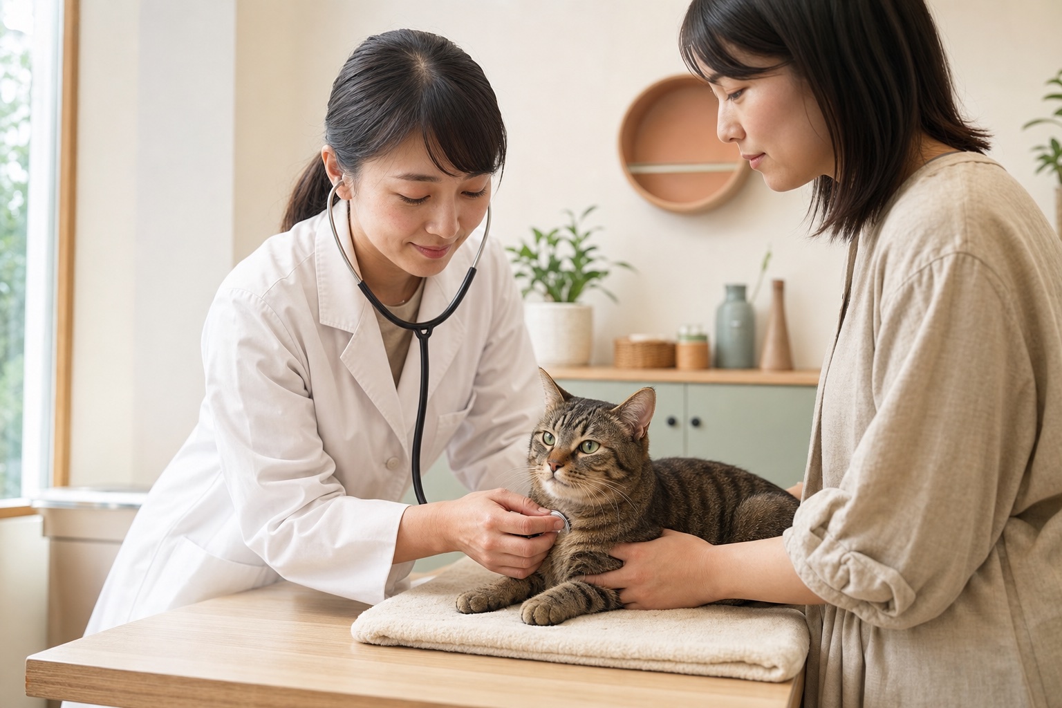 猫の心音を丁寧に確認する獣医師