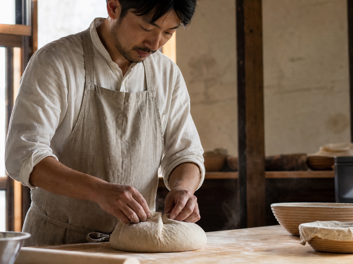 生地を手で成形するパン職人