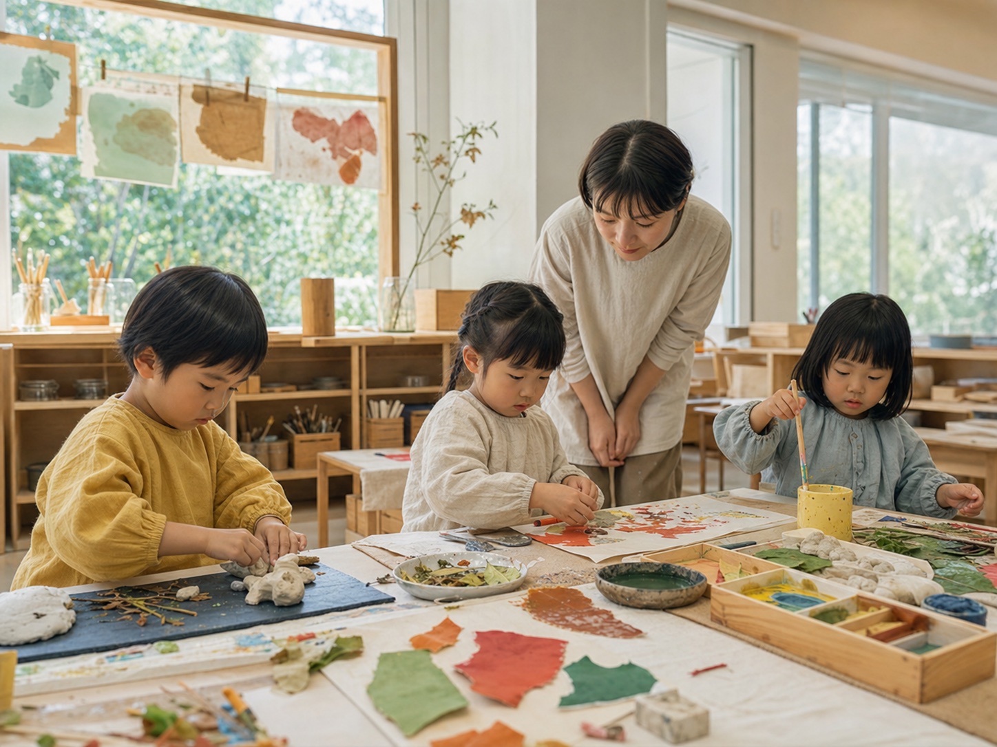 明るいアトリエで絵や粘土の制作に取り組む子どもたち
