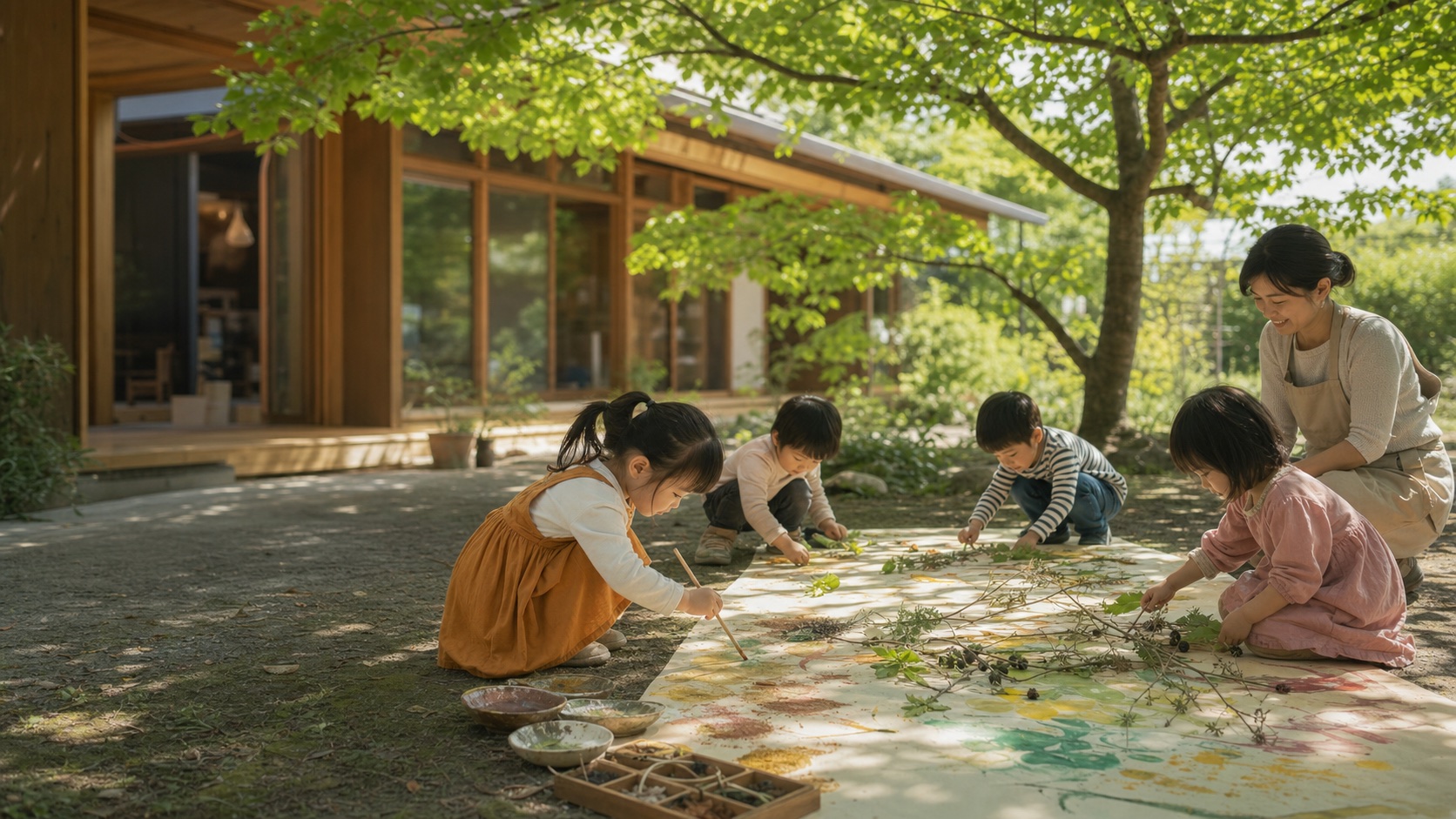 木々の下で自然素材を使った共同制作を楽しむ子どもたち