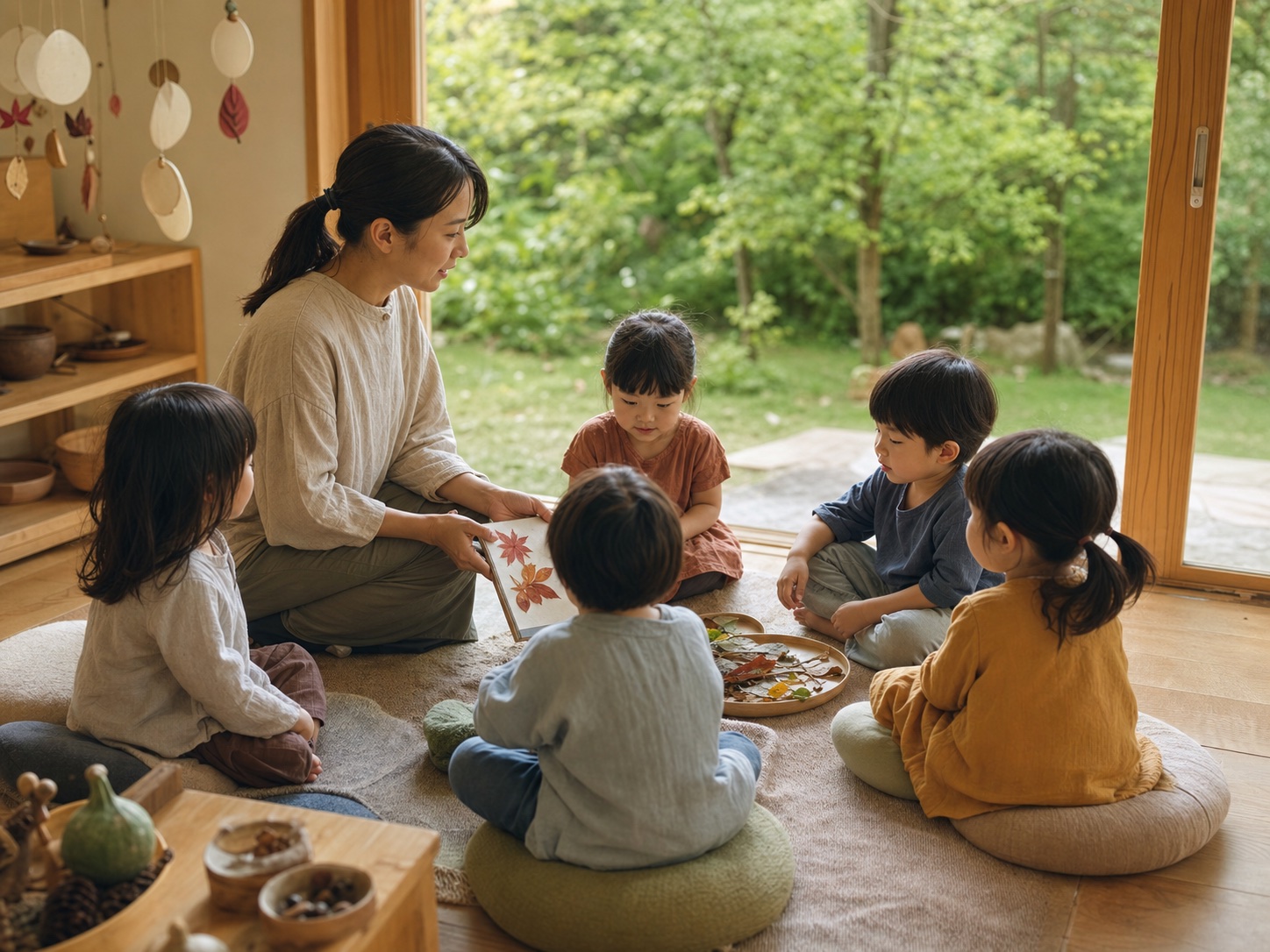 季節の葉を囲んで穏やかに過ごす子どもたち