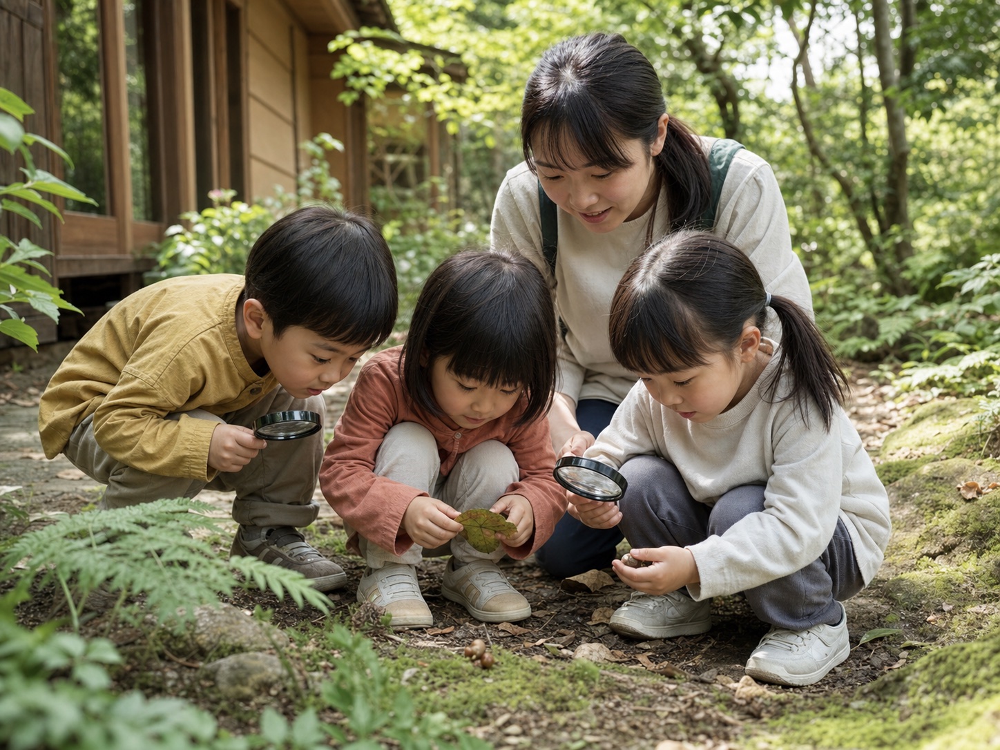 森の園庭で葉を観察する子どもたち